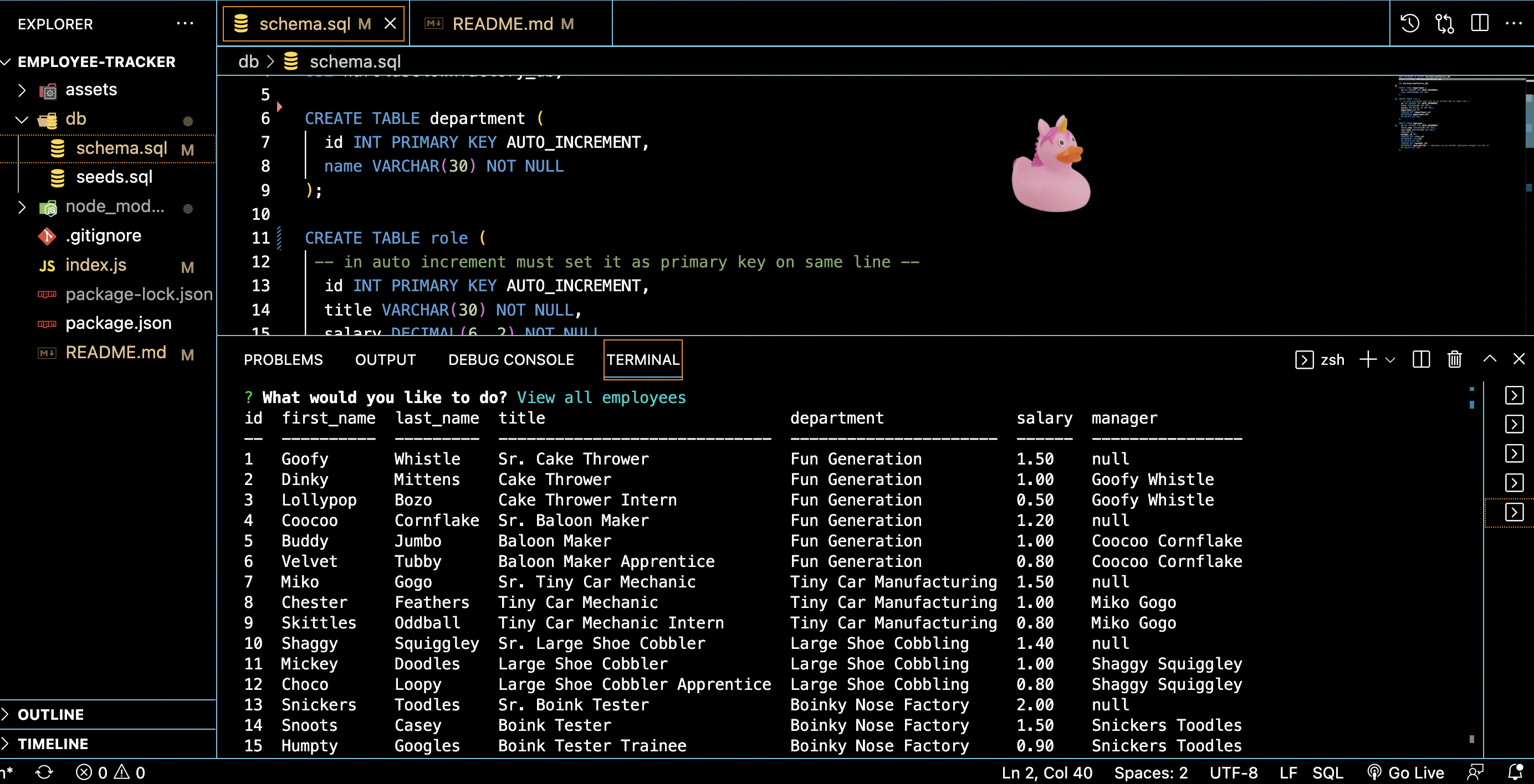screenshot of my Clown Factory Employee Tracker