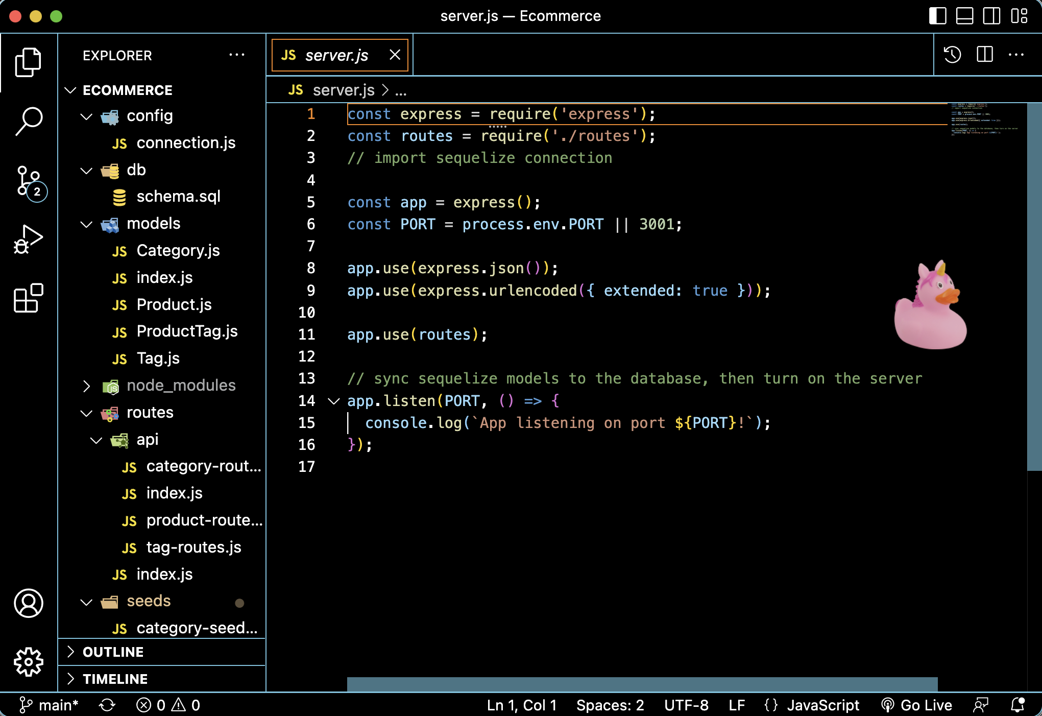 screenshot of Ecommerce Back End Application, the server js file.
